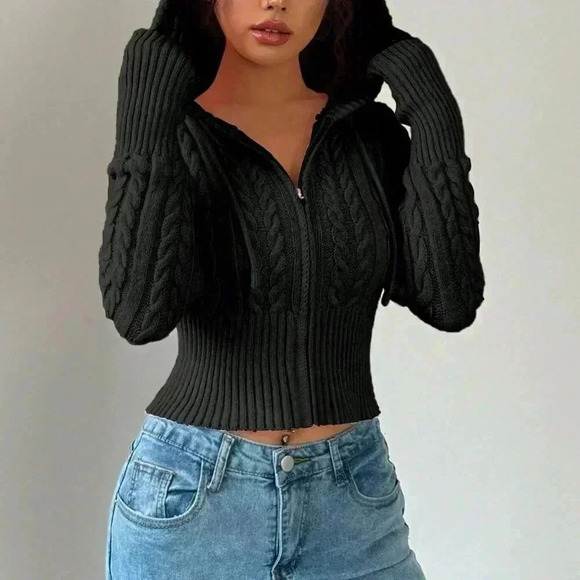 Black Casual Women's Front Zipper Long Sleeve Hooded Sweatshirt - Picture 5 of 5